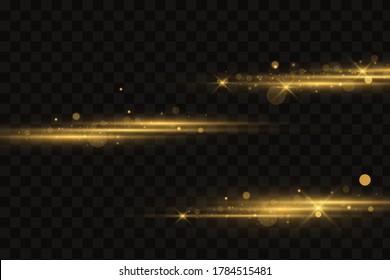 Stylish golden light effect. Abstract laser beams of light. Chaotic neon rays of light. Golden glitters. Isolated on transparent dark background. Vector illustration. EPS 10