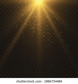 Stylish golden light effect. Abstract laser beams of light. Chaotic neon rays of light. Golden glitters. Isolated on transparent dark background. Vector illustration. EPS 10