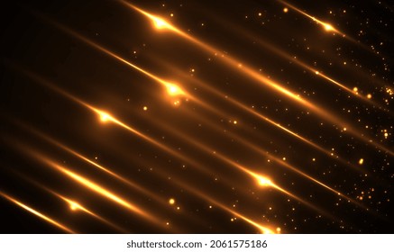 Stylish golden light effect. Abstract laser beams of light. Chaotic neon rays of light. Flying magical dust. Vector design abstract, science, futuristic, energy, digital technology concept. Vector.