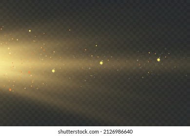 Stylish golden light effect. Abstract laser beams of light. Chaotic neon rays of light. Golden glitters. Isolated on transparent dark background. Vector illustration. EPS 10