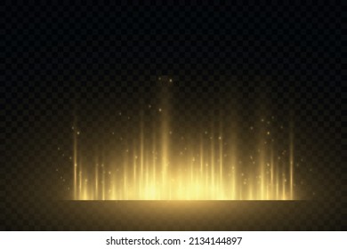 Stylish golden light effect. Abstract laser beams of light. Chaotic neon rays of light. Golden sequins. Isolated on a transparent dark background. Previous illustration. EPS 10