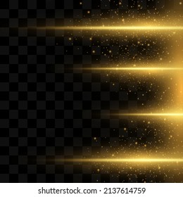 Stylish golden light effect. Abstract laser beams of light. Chaotic neon rays of light. Golden glitters. Isolated on transparent dark background. Vector illustration. EPS 10