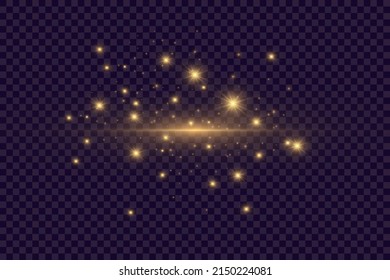 Elegante efecto de luz dorada. Vigas de luz láser abstractas. Caóticos neones de luz. Luces doradas. Aislado sobre fondo oscuro transparente. Ilustración vectorial. EPS 10
