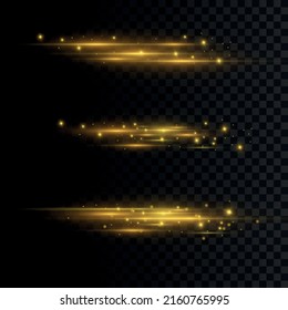 Stylish golden light effect. Abstract laser beams of light. Chaotic neon rays of light. Golden glitters. Isolated on transparent dark background. Vector illustration. EPS 10