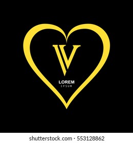 Stylish Golden Logo with Heart Frame on Black Background. Letter V Shape Flat Design. Vector Illustration