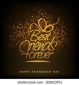 Stylish golden text Best Friends Forever in open box shape on fireworks decorated brown background. 