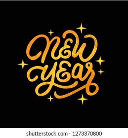 A stylish golden text design reading 'Happy New Year' with decorative stars and patterns on a black background, perfect for celebrating the festive season and sending warm New Year's wishes.