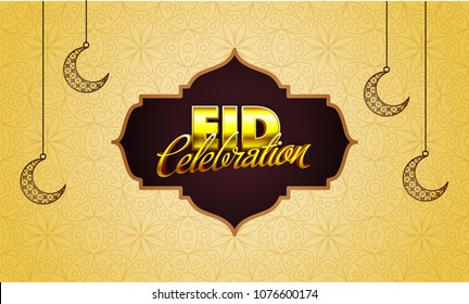 Stylish golden text Eid Mubarak with hanging moons on doodle design decorated beige background. Stylish golden text Eid Mubarak with hanging moons on doodle design decorated beige background.