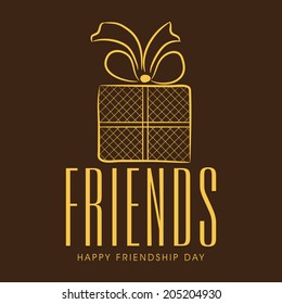 Stylish golden text Friends with golden gift box on brown background for Happy Friendship Day celebrations. 