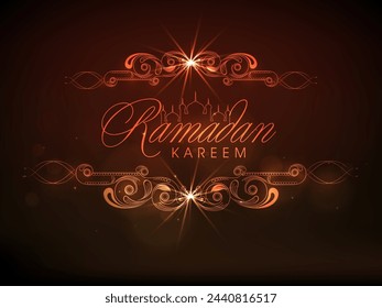 Stylish golden text Ramadan Kareem with islamic mosque and shiny floral pattern for Muslim community festival celebration, can be used as poster, banner or flyer design.