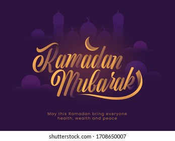 Stylish golden text Ramadan Mubarak, crescent moon, and mosque silhouette on purple background. Islamic holy month of Ramadan Kareem concept.