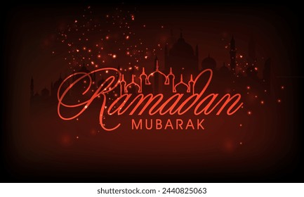 Stylish golden text Ramadan Mubarak on shiny burnt red background for Islamic holy month of prayers.