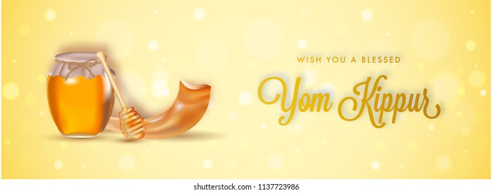 Stylish golden text Yom Kippur, dripper with honey jar and shofar horn on shiny blur background. Banner or poster design.