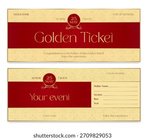 Elegante Plantilla de boletos dorados con diseño rojo y dorado para conciertos, noches de gala, festivales, espectáculos de teatro e invitaciones exclusivas. Perfecto para la marca de eventos premium y materiales de impresión.
