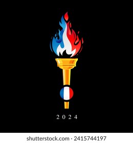 Stylish golden torch with a blazing fire in the colors of the flag of France. French flame torch of the champion's victory. Flame icon. Blue-white-red fiery flame. Vector illustration