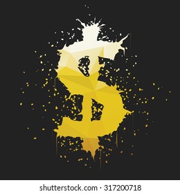 Stylish golden yellow grunge dollar sign shaped ink splatter on dark background