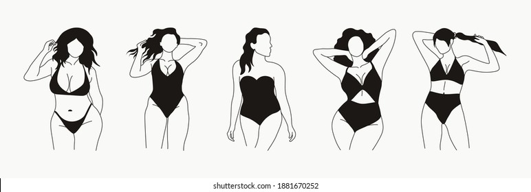 Stylish Graceful Faceless Lady. Abstract Curvy Girls. Hand Drawn Outline Graphic Icons, Female Logos. Black Vector Trendy Fashion Illustration