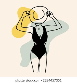 Stylish graceful faceless lady. Beach fashion illustration. Hand drawn vector. Elegant art. Outline body. Slim waist, beautiful body, summer vibes