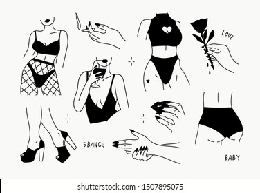 Stilvolle, anmutige, gesichtslose Dame. Handgezeichnete Karosserieteile. Slim Taille, schwarze Nägel, Beine mit Schuhen, Hand, die Zigarette hält und Rose. Schwarze Vektorillustration, trendige Illustration. Alle Elemente einzeln