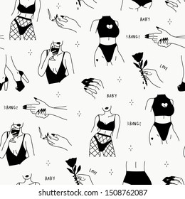 Stylish graceful faceless lady. Hand drawn outline body parts. Slim waist, black nails, legs with shoes, hand holding cigarette and rose. Black vector trendy illustration. All elements are isolated