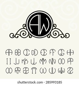 Stylish and graceful floral monogram design and Set  template letters to create monograms of two letters in scribed in a circle in Art Nouveau style