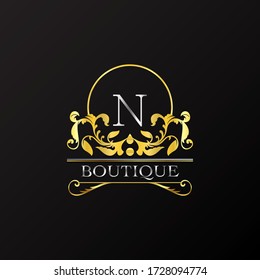 Stylish Graceful Golden Luxury N Logo. Elegant vector template made of wide silver alphabet with line art logo design on half circle line frame.