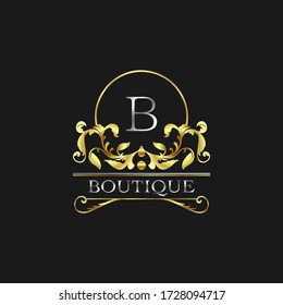 Stylish Graceful Golden Luxury V Logo. Elegant vector template made of wide silver alphabet with line art logo design on half circle line frame.