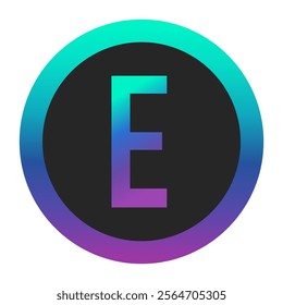 Stylish gradient letter E with a purple-to-green transition in a dark circle surrounded by a vibrant gradient border. Ideal for branding, logos, and cutting-edge graphic design.