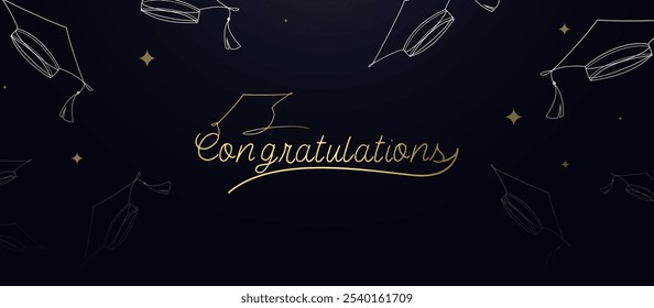 Stylish graduation background featuring gold line art caps on a dark backdrop