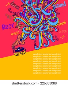 Stylish gramophone, which is letting out music as a colorful pattern. For banners, backgrounds, presentations, party invitations, flyers, posters.