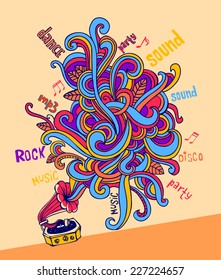 Stylish gramophone, which is letting out music as a colorful pattern. For banners, backgrounds, presentations, party invitations, flyers, posters. 