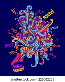 Stylish gramophone, which is letting out music as a colorful pattern. For banners, backgrounds, presentations, party invitations, flyers, posters. 