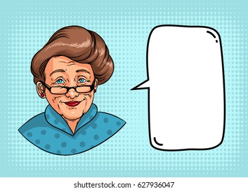 Stylish grandmother with retro hairstyle, glasses, red lipstick. Portrait of elderly woman and speech bubble for text. Colorful comics illustration.