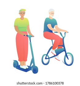 Stylish grandmother riding an electric scooter in a white background with a fashionable grandfather on a bicycle. An elderly husband and wife ride. Active lifestyle concept. 