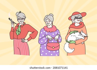 Stylish grandmothers and old women concept. Group of mature grey haired women in stylish clothes standing and feeling modern and pretty vector illustration 