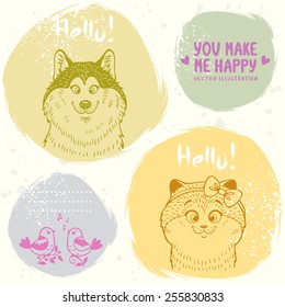 Stylish grange set cards of funny and cute kitten, dog and birds