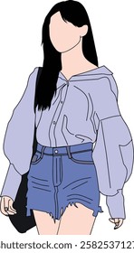 Stylish graphic art of a female figure in minimalist design wearing modern casual attire.The illustration features denim shorts ,oversized top,showcasing trendy outfit elements in a vector format.