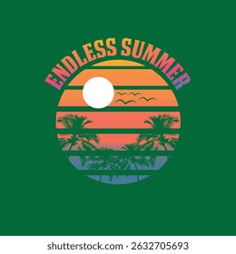 Design gráfico elegante de "Verão sem fim" com pôr do sol e palmeiras. Um design gráfico vibrante com a frase "Endless Summer" em um estilo retrô, vintage-inspirado.