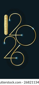 A stylish graphic design features the year 2026 in elegant gold lettering against a dark blue background. 