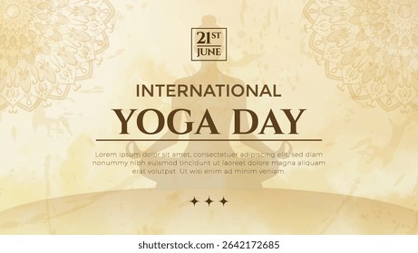 Stylish graphic design featuring International Yoga Day focus, emphasizing. mandala patterns, date highlight, and meditation themes. Ideal for creative, wellness, or yoga studio promotions.