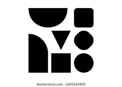 A stylish graphic design featuring a variety of minimalist shapes arranged in a contemporary layout. Geometric minimalist wall art with modern shape background