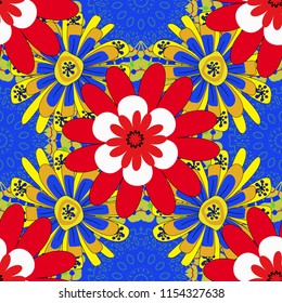 Stylish graphic design. Geometric flower vector ornament. Seamless abstract floral pattern. Blue, pink and yellow background.