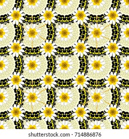 Stylish graphic design. Geometric flower vector ornament. White, black and beige background. Seamless abstract floral pattern.