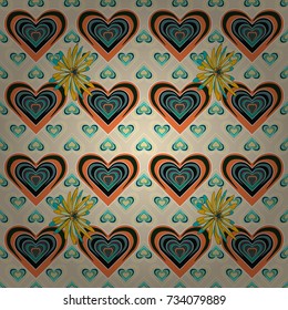 Stylish graphic design. Geometric flower vector ornament. Orange, blue and beige background. Seamless abstract floral pattern.