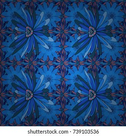 Stylish graphic design. Geometric flower vector ornament. Black, blue and violet background. Seamless abstract floral pattern.