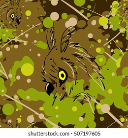 Stylish graphic design owl vector illustration. Hand Drawn Doodle Owl. Repeating abstract background.
