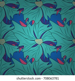 Stylish graphic design. Seamless abstract floral pattern. Geometric flower vector ornament. Blue, violet and pink background.