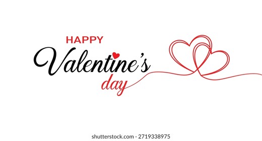 Gráfico elegante con el texto "Feliz día de San Valentín" en alfabeto negro y rojo, acompañado de dos contornos entrelazados de corazón rojo dibujados con una línea continua.