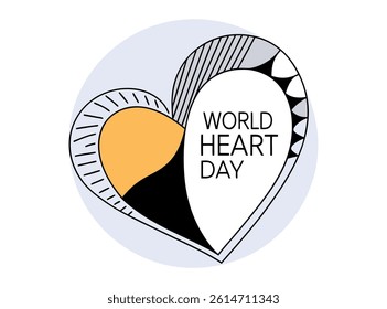 Stylish graphic heart design celebrates World Heart Day. A stylized heart shape, featuring intricate black and gray outlines, with an orange-yellow interior and black accents, highlights World Heart D