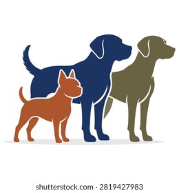 A stylish graphic illustration of three different dogs of various sizes and colors standing side by side in a friendly group.